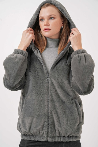 Gabria Kapüşonlu Pelüş Mont Koyu Gri