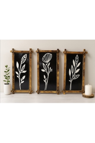 Rustik Ahşap Çerçeveli Siyah-beyaz 3 Lü Duvar Dekor Seti Duvar Dekorasyonu