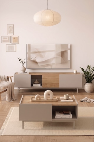 Yurudesign Sedra Tv Ünitesi Orta Sehpa 2'li Set Ahşap Ayaklı Sepet-kumsal Sd9-cs