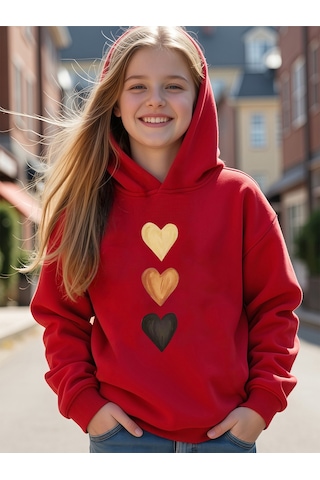 Uyguntarz Sıralı Kalpler Baskılı Oversize Çocuk Sweatshirt Kırmızı