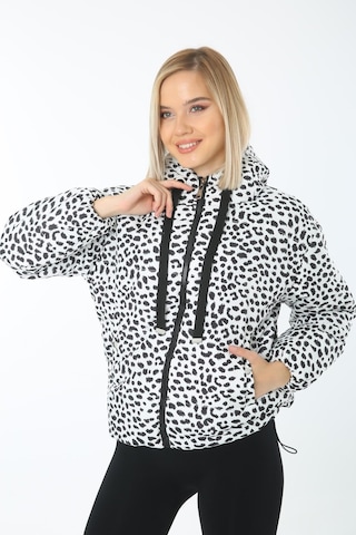 Ladıes Fırst 6001-D02 Beyaz Siyah Desenli Şişme Mont Kapüşonlu