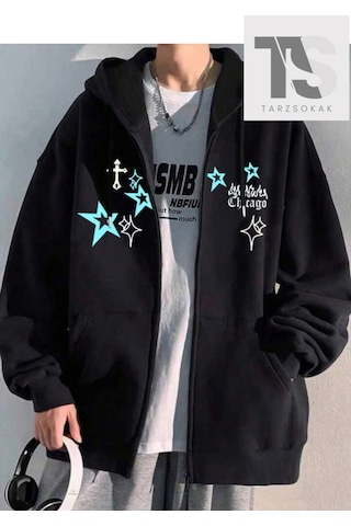 Tarzsokak Chicago Star Sembol Sweatshirt Fermuarlı Hırka Siyah Siyah