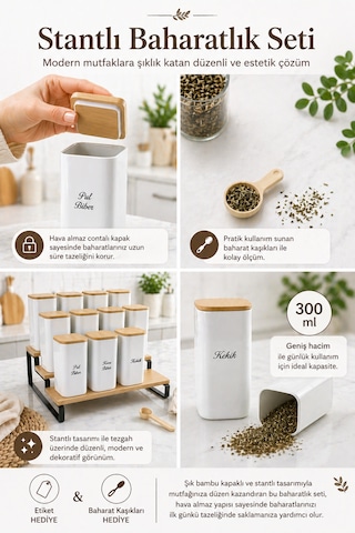 12'li 300 Ml Bambu Stantlı Vakumlu Ahşap Kapaklı Porselen Görünümlü Akrilik Baharatlık Kaşık Etiket Şeffaf