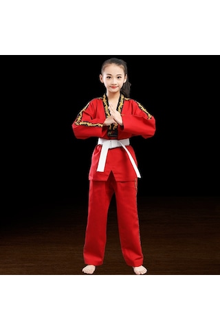 Sones Çocuk Yetişkin Pamuklu Erkek Ve Kadın Tekvando Giyim Eğitim Üniformaları Ejderha Kırmızısı Kırmızı