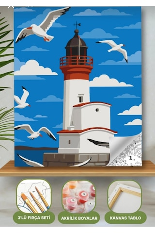 Denic Sayılarla Boyama Seti 40x50 Cm (Çıtalı) Fırça Boya Dahil Numaralı Tuval Fener Bulut Manzara