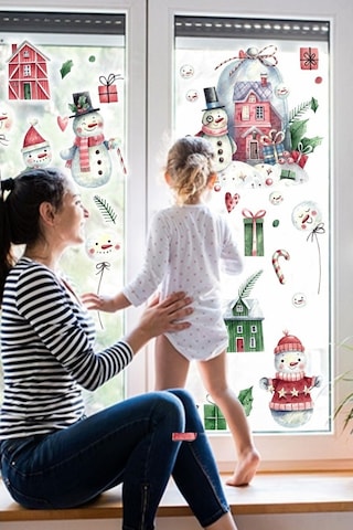 MSticker Yılbaşı Kardan Adam Ve Evleri Çocuk Odası Cam Duvar  Sticker Seti