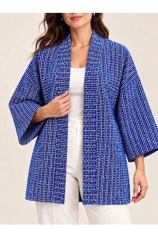Tencelle Woman Kadın Saks Mavisi Beyaz Desenli Şal Yaka Rahat Kesim Kimono Ceket Mavi