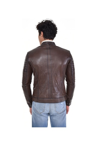 Hakiki Deri Siyah Erkek Deri Mont Hakim Yaka Üç Cepli Fermuarlı Fermuarlı Deri Ceket Kahverengi