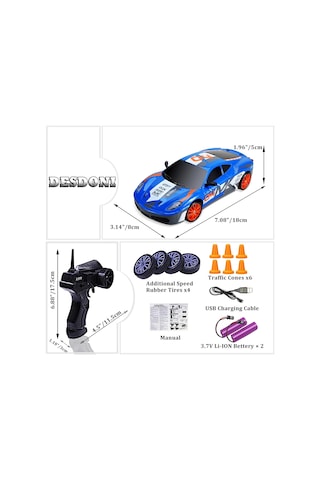 1:24 Rc Drift 2.4ghz Ölçekli 4wd 15km/h Yüksek Hızlı Model Araç Led Işıklı Hediyelik Oyuncak