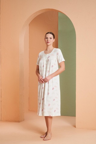 Pjs Kadın Yaprak Desenli Düğmeli Yaka Kısa Kol Gecelik Ekru