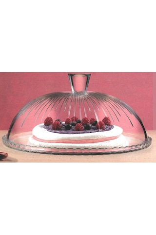 Pasabache Cam Kek Cam Cloche Kek Standı Pasta Kubbe Plaka Kapağı 32 Cm Desen Çok Renkli