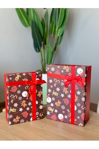 Yılbaşı Temalı 3 Lü Dekoratif Fiyonklu Hediye Kutusu Kahverengi Orta-büyük Boy 35x25x13 Cm