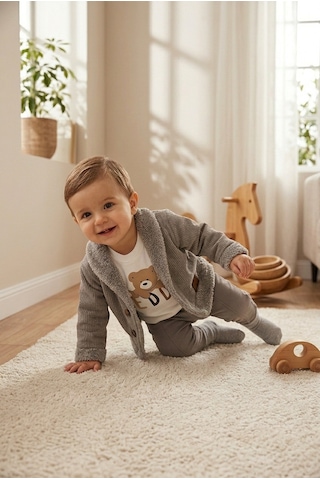 Ahengim Erkek Bebek 3 Parça Takım Ayıcık Baskılı Tişört Hırka Ve Pantolon Seti Ak8536 Gri