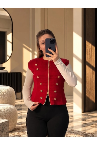 Elora Atelier Pankou Çin Düğme Detaylı Kırmızı Triko Yelek Kırmzı