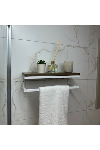 lyla concept Fulya Banyo Ahşap Raflı Beyaz Metal Havlu, Şal Askılık Ceviz Raf Beyaz