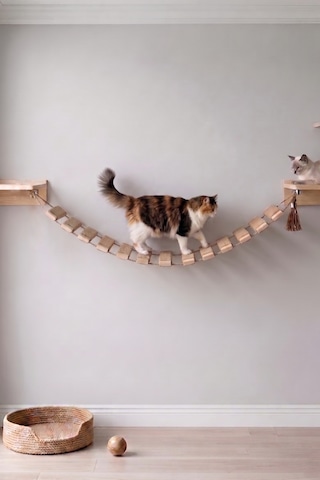 Ahşap Kedi Tırmanma Merdiveni Ve Duvar Köprüsü - Jüt İpli, 13 Basamak, 150 Cm