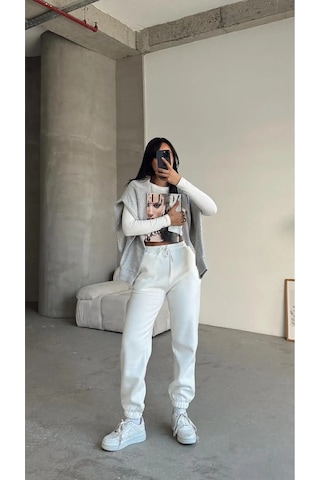 3 İplik Şardonlu Paça Lastikli Eşofman Beyaz İs001 Beyaz