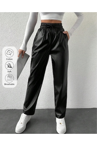 Kene Jeans Kadın Siyah Beli İpli Deri Jeans Siyah