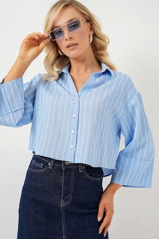 Defymoda Çizgili Oversize Kısa Gömlek 20326 - Mavi Mavi
