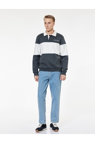 Koton Renk Bloklu Nakışlı Polo Yaka Uzun Kollu Sweatshirt Antrasit 7wam70026mk