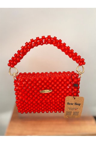 Rose Bag Kırmızı Boncuk Çanta Şık Kadın El Çantası