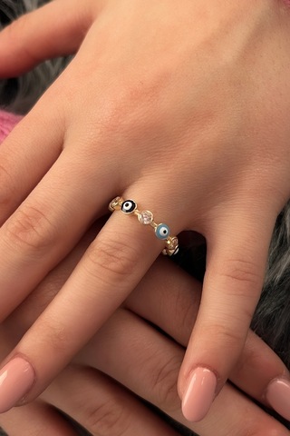 Fiyonk Kuyumculuk 14 Ayar Altın Nazarlık Ve Taş Dizisi Yüzük 001