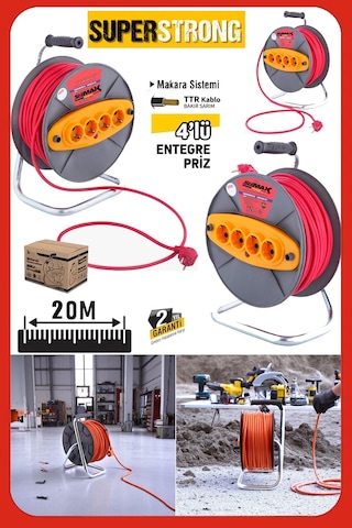 Stilmax Stl2025 Atölye Ve Ev Tipi Makaralı Uzatma Kablosu 20mt 3x2.5 Mm² Dörtlü Seyyar Uzatma 20 M
