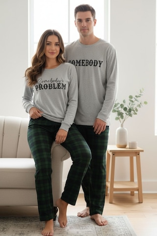 Bella Notte Erkek Yeşil Ekoseli Baskılı Sevgililer Günü Çift Pijama Takımı