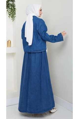 Tesettür Kadın Fiyonklu Etekli Kot Takım Koyu Mavi