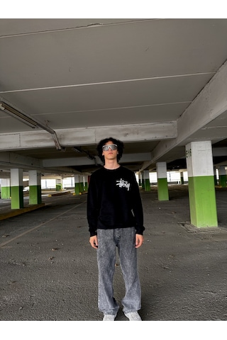Minus Basic Stussy Beyaz Baskılı Siyah Günlük Sweatshirt SIYAH