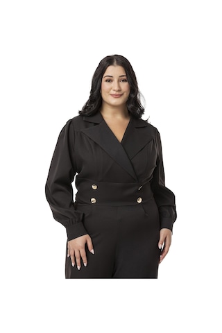 Büyük Beden Kruvaze Yaka Metal Düğmeli Fermuarlı Siyah Tulum-siyah Siyah