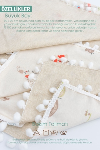 Mordesign Çift Kat Bebek Pikesi, Yenidoğan Için Kundak Battaniye, Kenar Ponponlu Pike, Animal Serisi