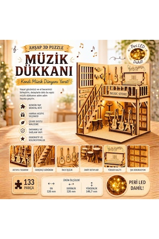 Müzik Dükkanı Ahşap Maket Seti Dıy Miniatür Müzik Mağazası Peri Led'li 3d Puzzle