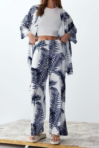 Ersefa Moda Dokuma Baskılı Degaje Yaka Casual Günlük Siyah Desenli Kimon Indigo