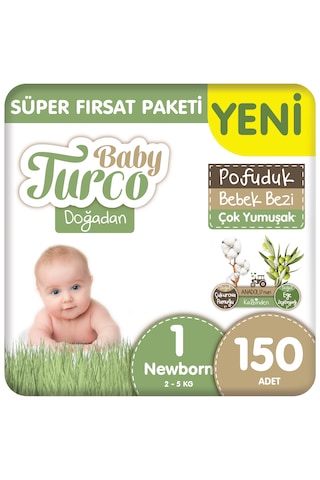 Baby Turco Doğadan Süper Fırsat Paketi Pofuduk Bebek Bezi 1 Numara Newborn 150 Adet