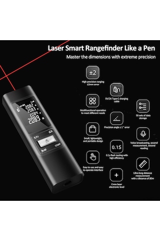 Symbee S80 Alüminyum Laser Mesafe Ölçer, 80m Hassasiyet, Çapraz Çizgi, Li-pol Batarya, Siyah