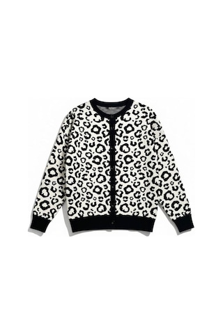 Eren Style Uzun Kollu Leopar Desenli Kaliteli Yünlü Hırka Beyaz