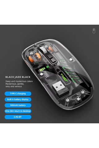 Şeffaf Mouse Kablosuz Mouse Fare Şarjlı Bluetooth Wireless Çift Modlu Sessiz 5 Tuşlu Dpı Kontrol Rb