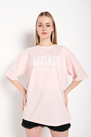 Flood Of Style Kadın Pudra Pembe Happıness Baskılı Oversize Tshirt