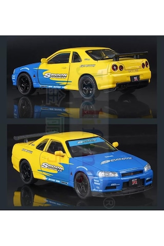 Nissan Skyline Gtr R34 Modifiyeli 1:24 Diecast Metal Model Araba Koleksiyon Sesli Işıklı Sarı Mavi