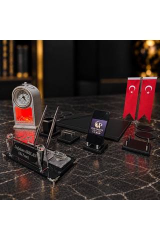 Ofis Prestij 13 Parça Şömine Saatli Kristal Kişiye Özel İsimlik Ve Sümen Seti Siyah