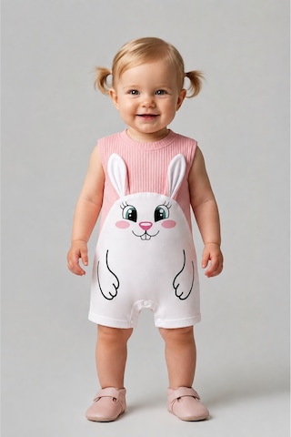 Babyden's Kız Bebek Tulum Yazlık %100 Pamuk Ribana Kolsuz Tavşan Baskılı Çıtçıtlı Bebek Tulumu 0-9 Ay Somon