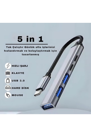 Polham 5in1 Type C To 3x Usb, 2x Pd Type C Çoğaltıcı Çevirici Hub, Klavye, Mouse,usb Okuyucu Adaptör