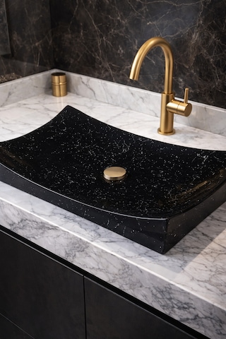 Mermer Desenli Tezgah Üstü Kayık Model Taş Lavabo 35 X 60 Cm Siyah