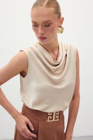 Sateen Degaje Yaka Saten Bluz - Bej-136197 Bej