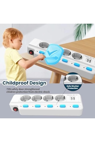 Termal Akım Korumalı 2500w 10 Amper 3 Lü Priz 1.5 Metre Uzatma Kablosu Çoklu Priz 2 Usb Çocuk Korumalı 1