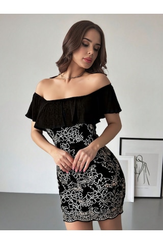 Fashion Cocktail Siyah Simli Nakışlı Pileli Işlemeli Düşük Omuz Kokteyl Davet Abiye Elbise Siyah Siyah