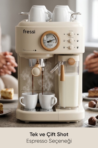 Fressi Mavera Ahşap Detaylı Espresso Kahve Makinesi 20 Bar Em-411 Krem