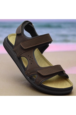 240105 Ortopedik Taban Erkek Sandalet Erkek Cırtlı Sandalet Kahverengi