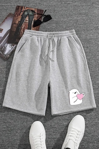 Harmandar Kalpli Ayıcık Baskılı Gri Tekli Cepli Kadın/erkek Unisex Şort Gri